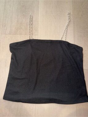 Macy's Black Ribbed Tube Top with Silver Chain Straps